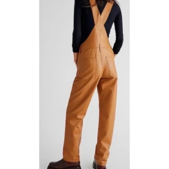 NWT Free People Ziggy Overalls Jumpsuit Vegan Leather Camel Brown - Picture 2 of 8